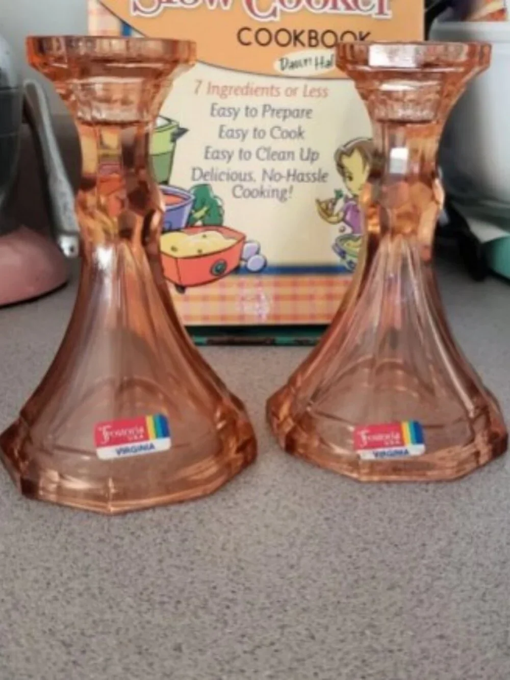2 Peach Vintage FOSTORIA GLASS Heavy Pressed Glass CANDLESTICK HOLDERS